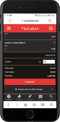 Mobile screenshot of the Zulabet sport page